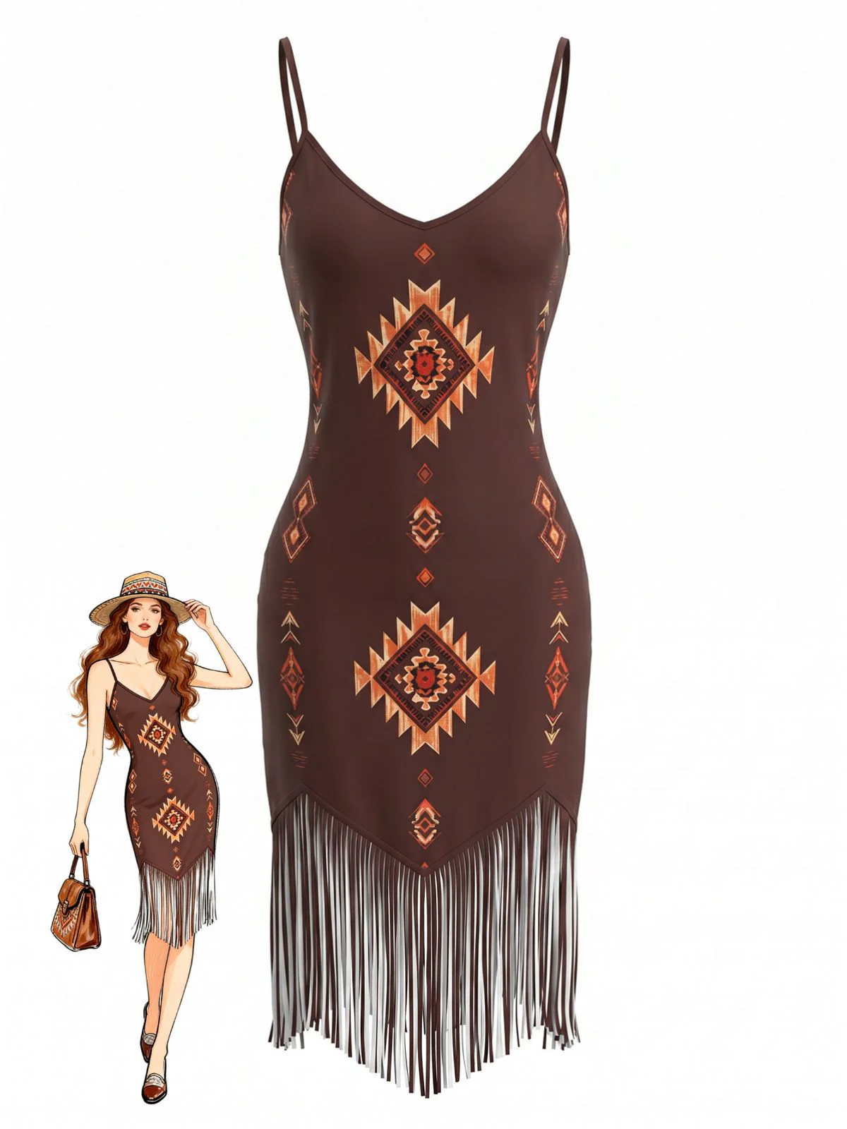 Brown 1970s Bohemian V-Neck Fringed Hem Dress