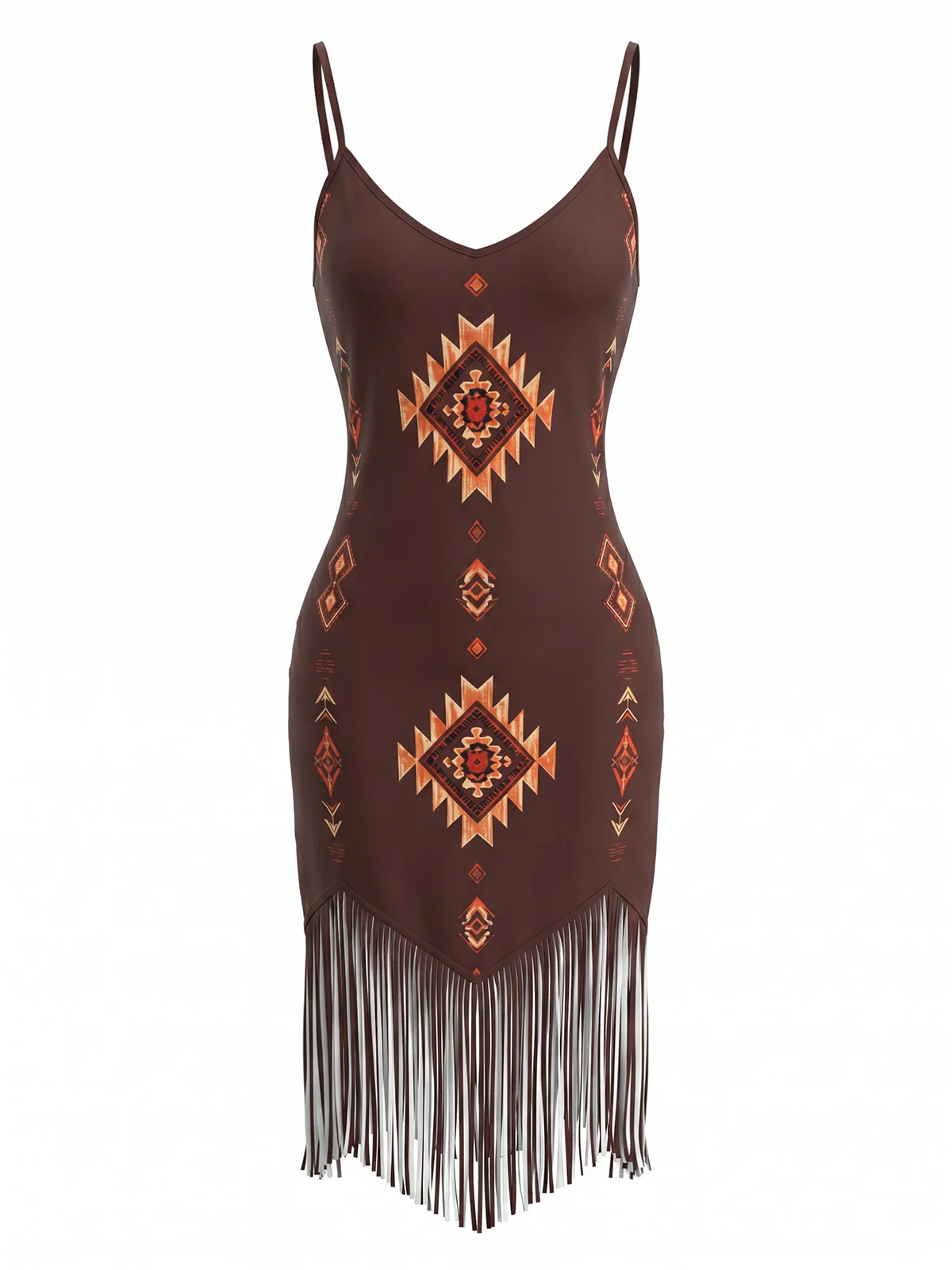 Brown 1970s Bohemian V-Neck Fringed Hem Dress - Image 2