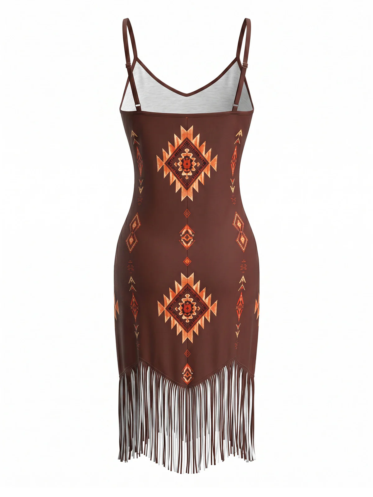 Brown 1970s Bohemian V-Neck Fringed Hem Dress - Image 3