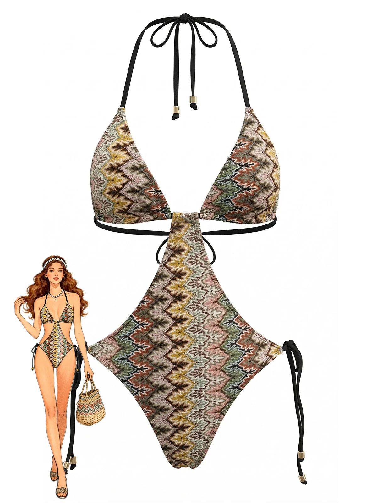 Brown 1970s Boho Chevron Print Ruched One-Piece Swimsuit
