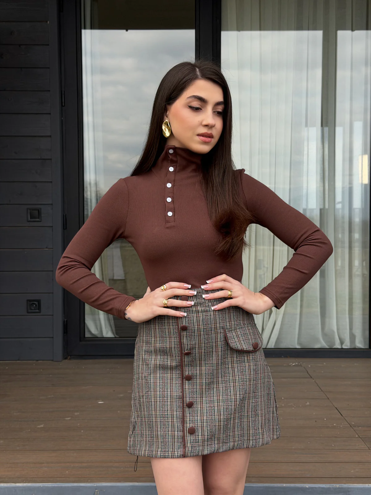 Brown 1970s Knitted Plaid Asymmetrical Neck Dress