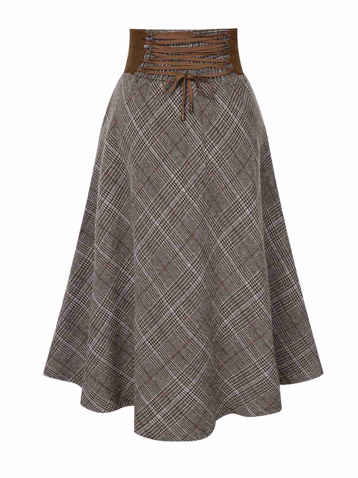 Brown 1940s Lace-Up Glen Plaid Skirt - Image 3