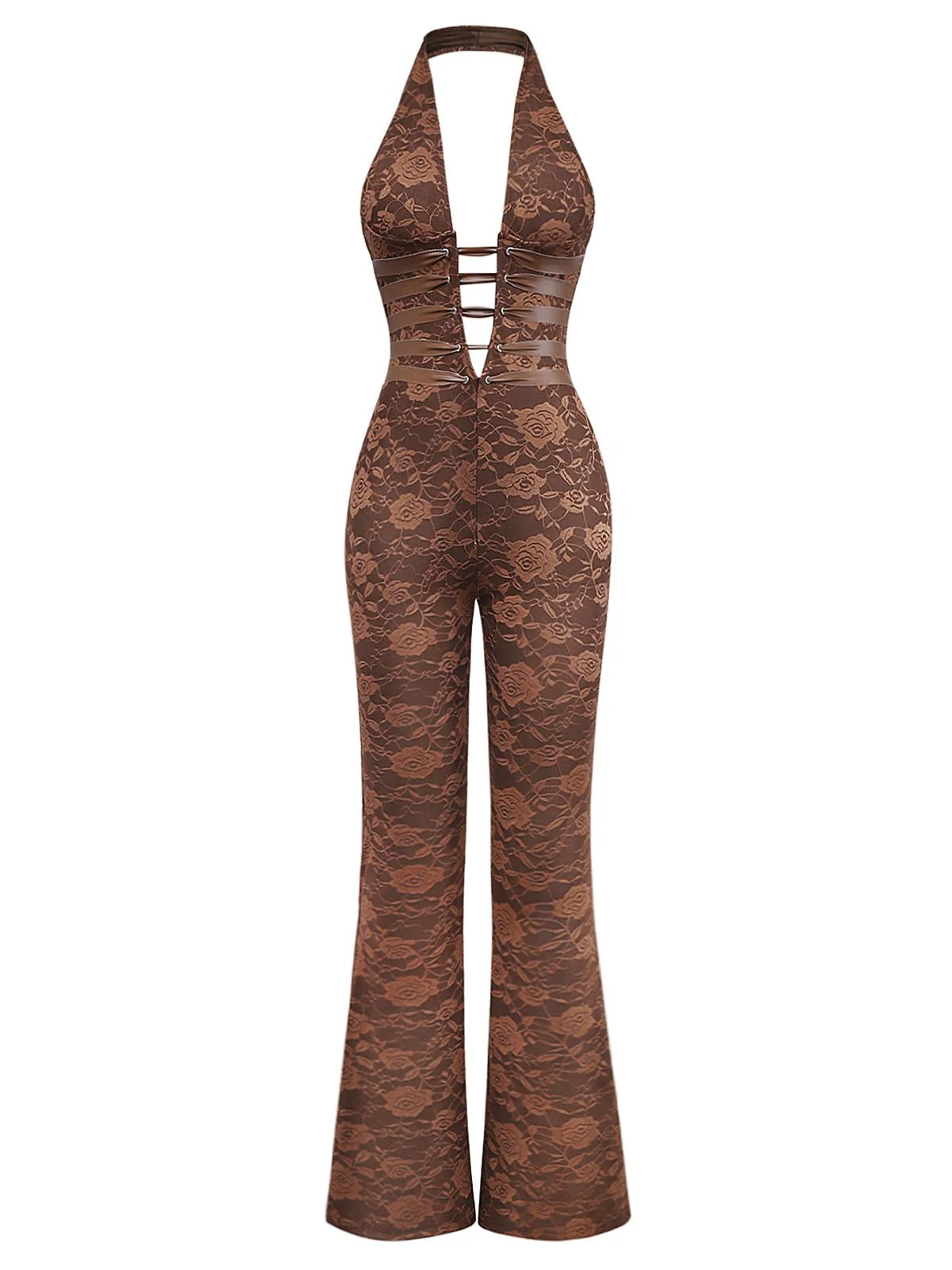 Brown 1970s Solid Lace-Up Floral Lace Jumpsuit