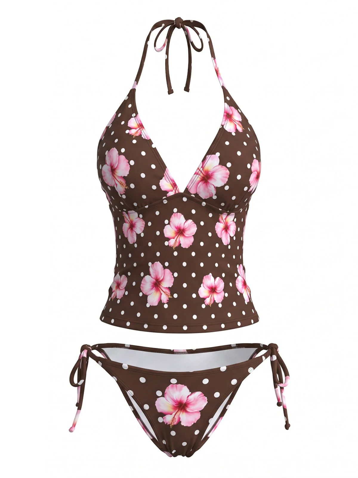 Brown 1980s Floral Polka Dot Halter Bikini Set