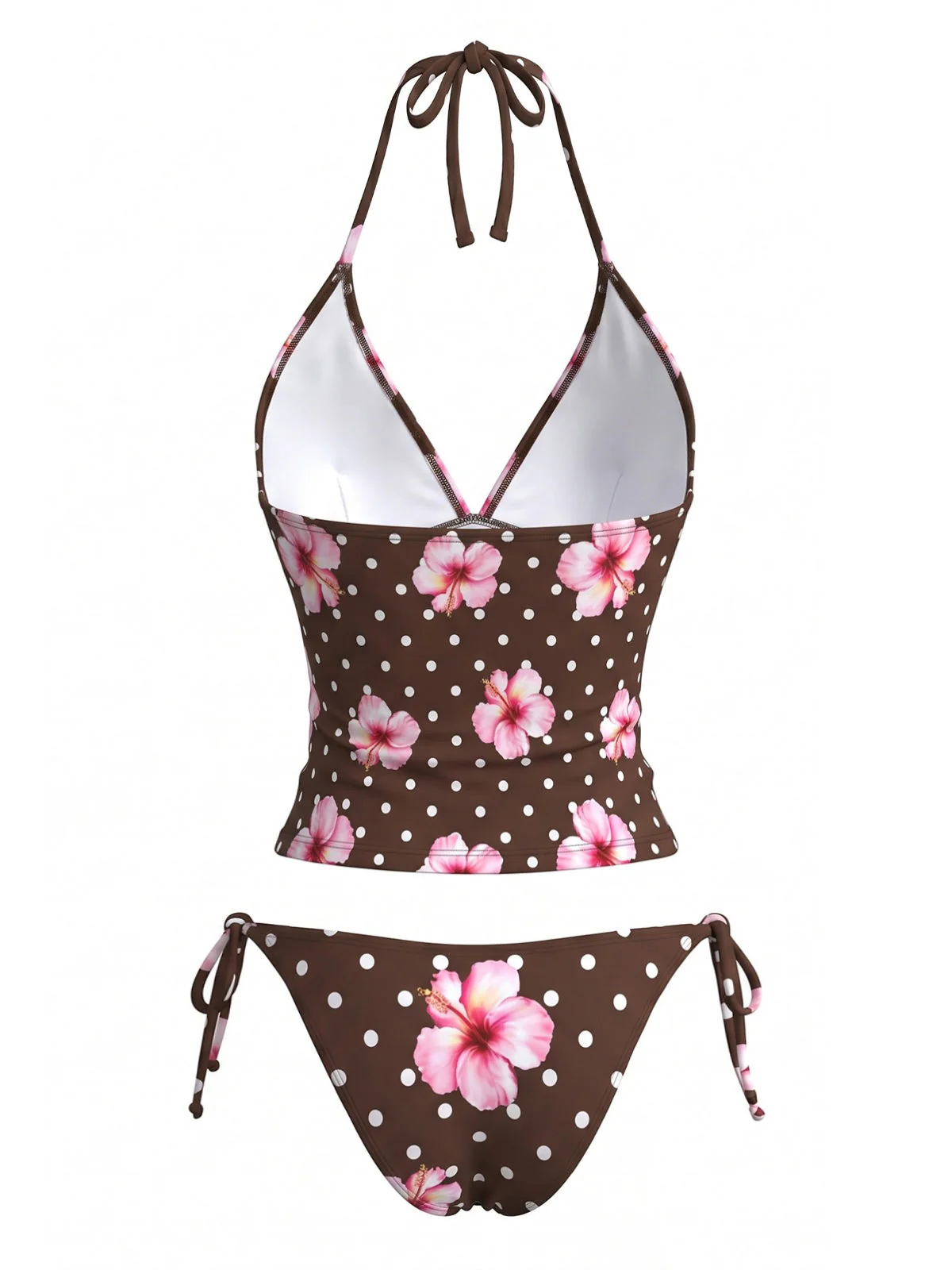 Brown 1980s Floral Polka Dot Halter Bikini Set - Image 2