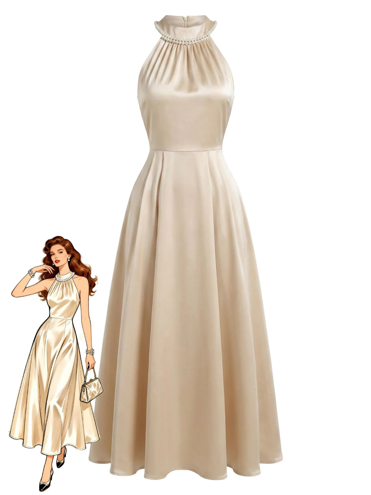 Champagne 1930s Satin Halter Sleeveless Pearl Midi Dress