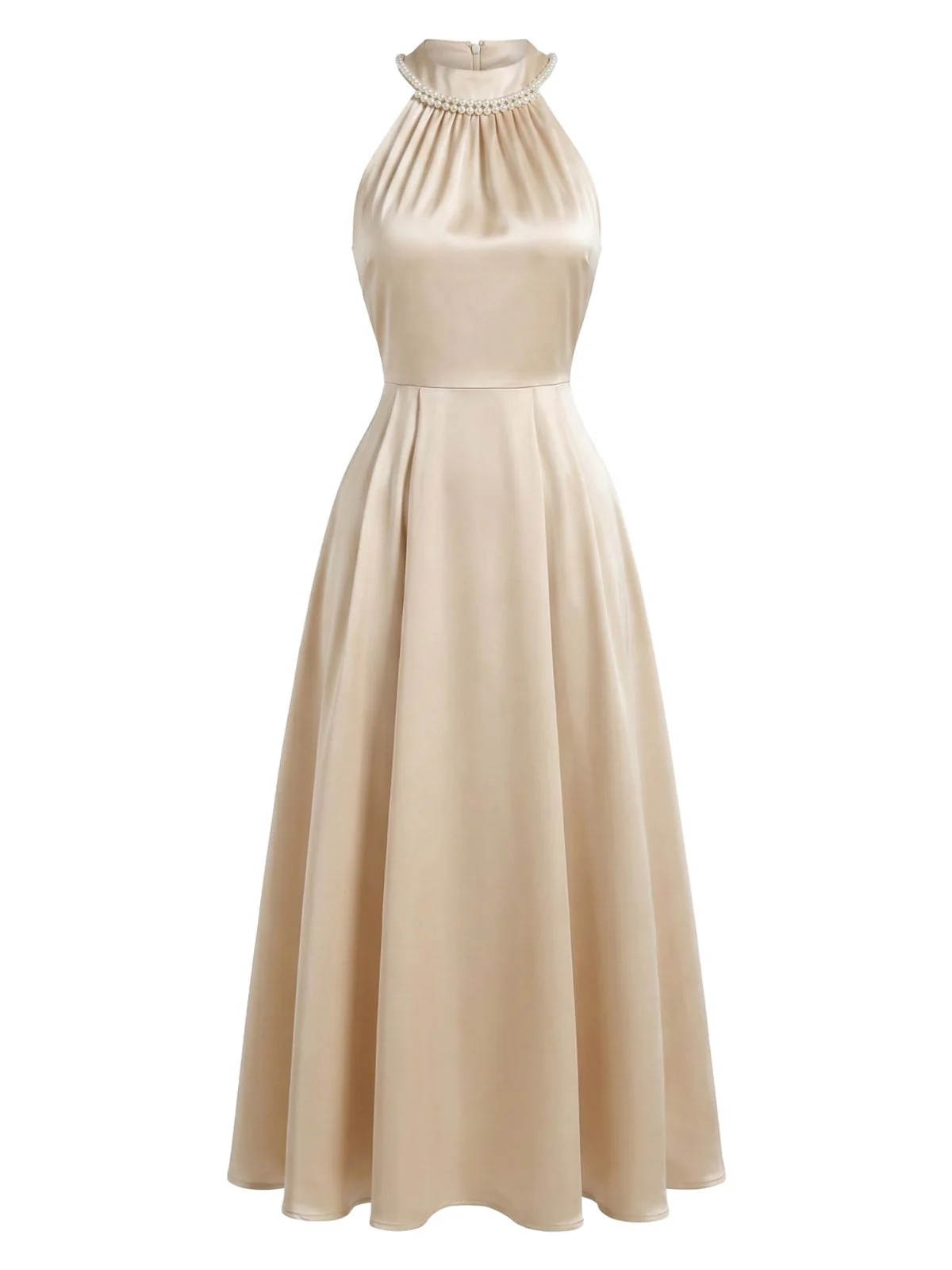 Champagne 1930s Satin Halter Sleeveless Pearl Midi Dress - Image 2