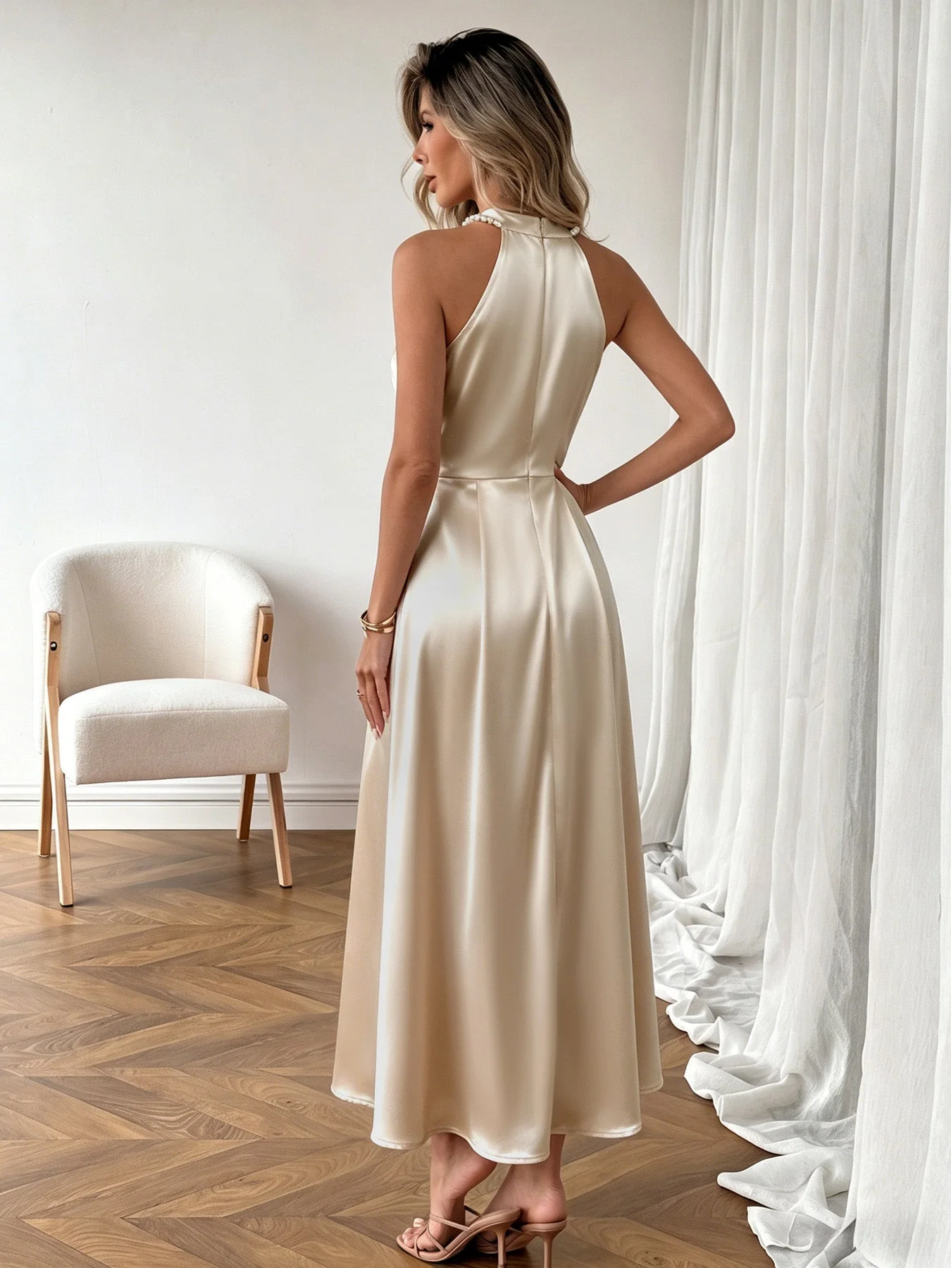 Champagne 1930s Satin Halter Sleeveless Pearl Midi Dress - Image 4
