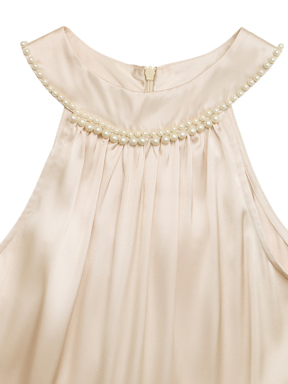 Champagne 1930s Satin Halter Sleeveless Pearl Midi Dress - Image 6