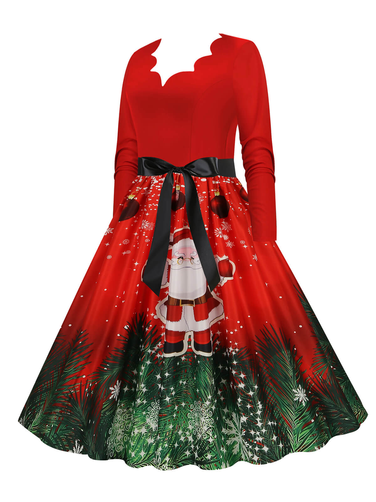 Christmas 1950s V-Neck Long Sleeve Patchwork Dress - Image 8