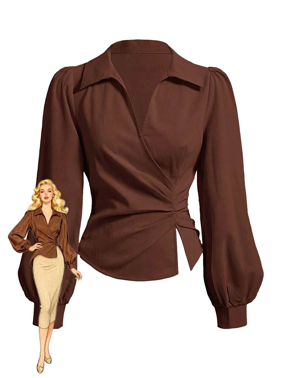 Coffee 1930s Lapel V-Neck Fitted Waist Lantern Sleeve Blouse