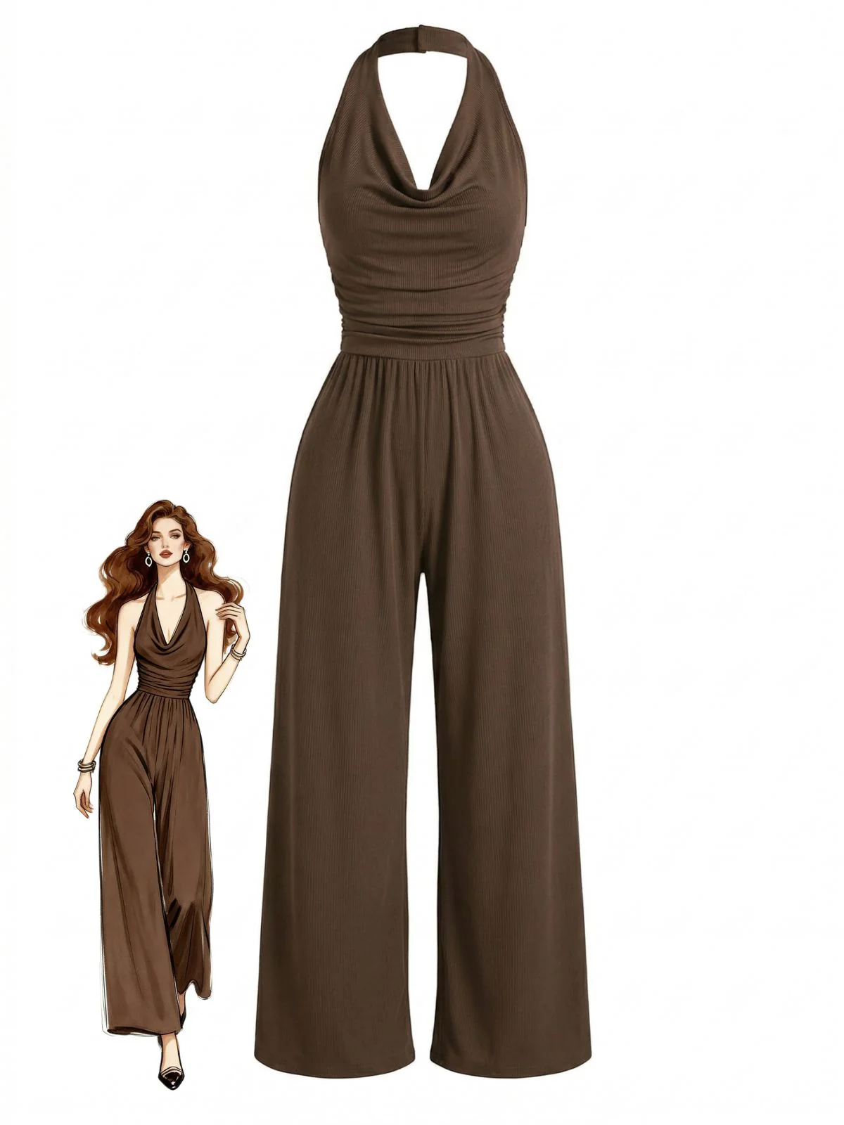 Coffee 1950s Solid Ribbed Cowl Neck Halter Backless Jumpsuit