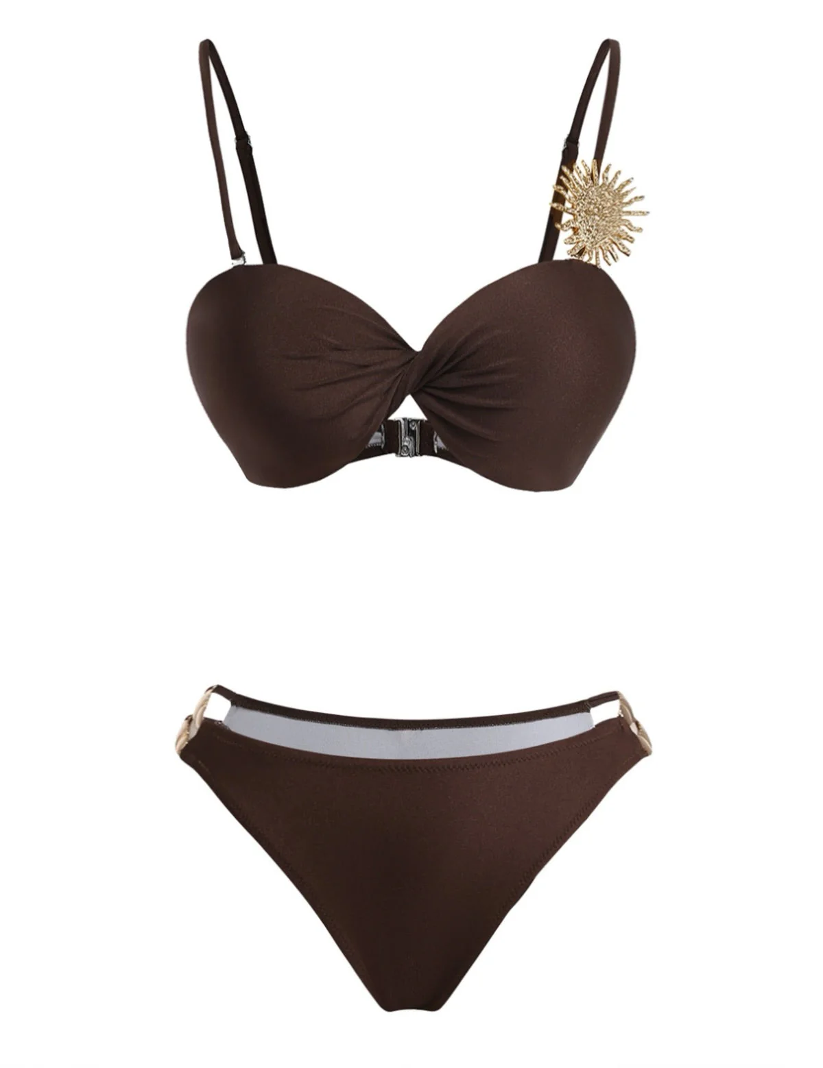 Coffee 1980s Satin Metallic Sun Ruffle Tie Bikini Set - Image 3