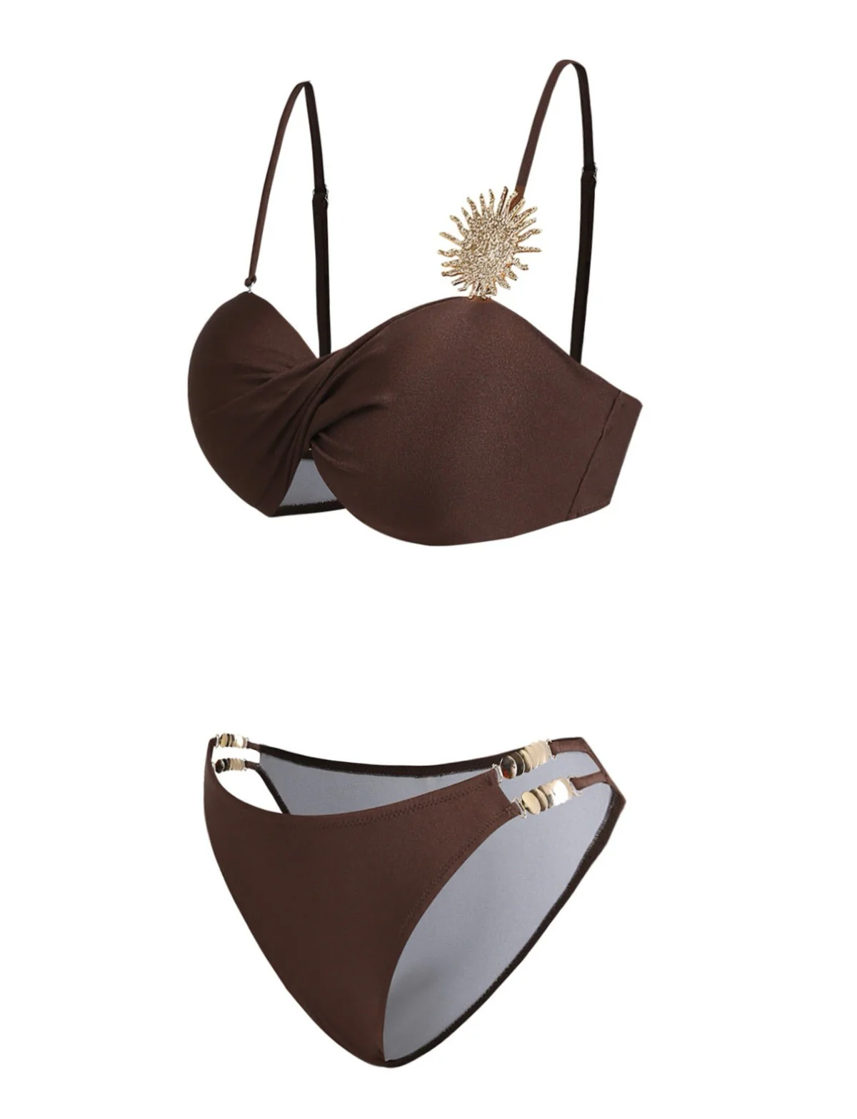 Coffee 1980s Satin Metallic Sun Ruffle Tie Bikini Set - Image 4