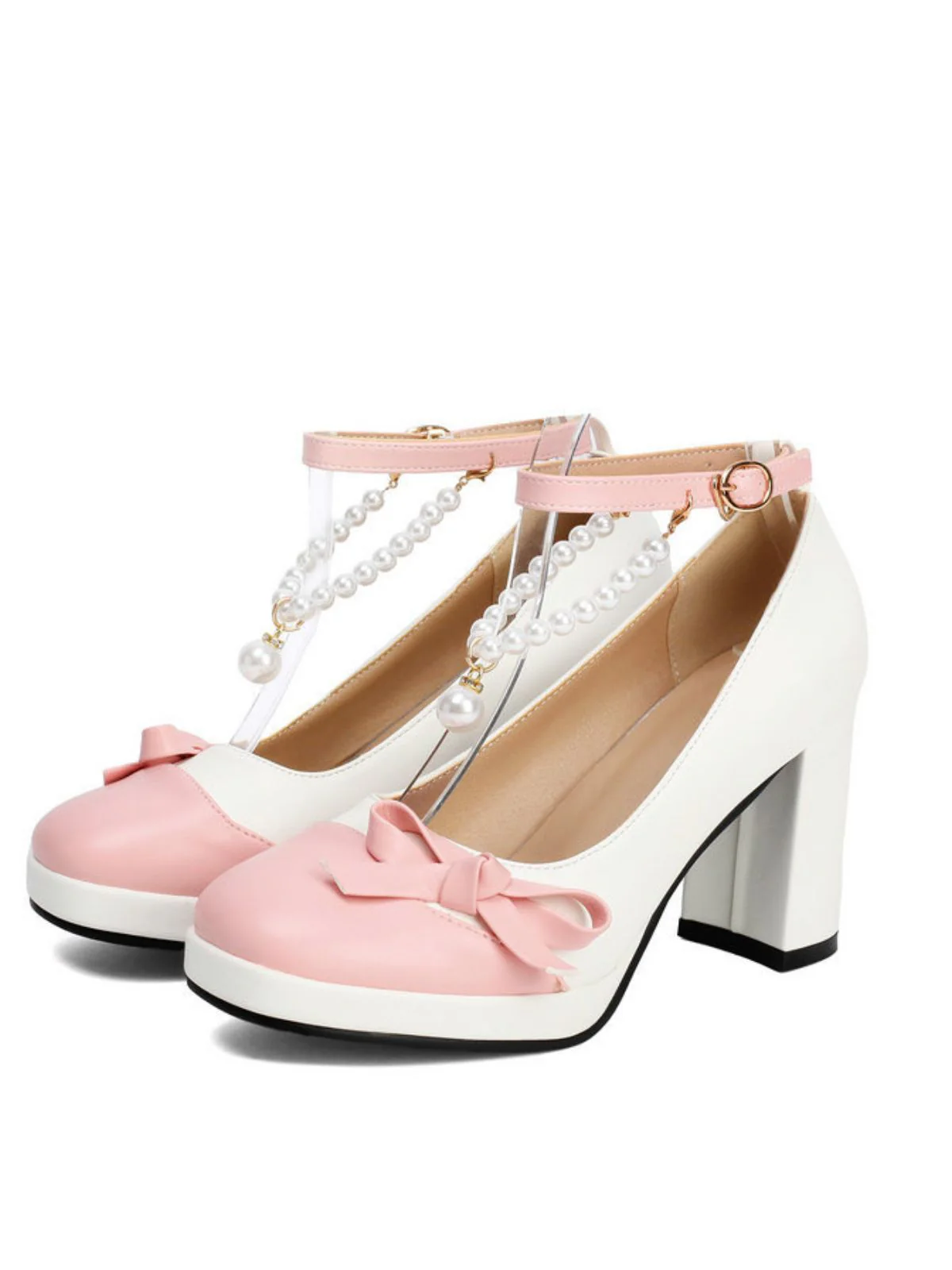 Colorblock Pearls Ankle Strap Bow Chunky-Heel Shoes