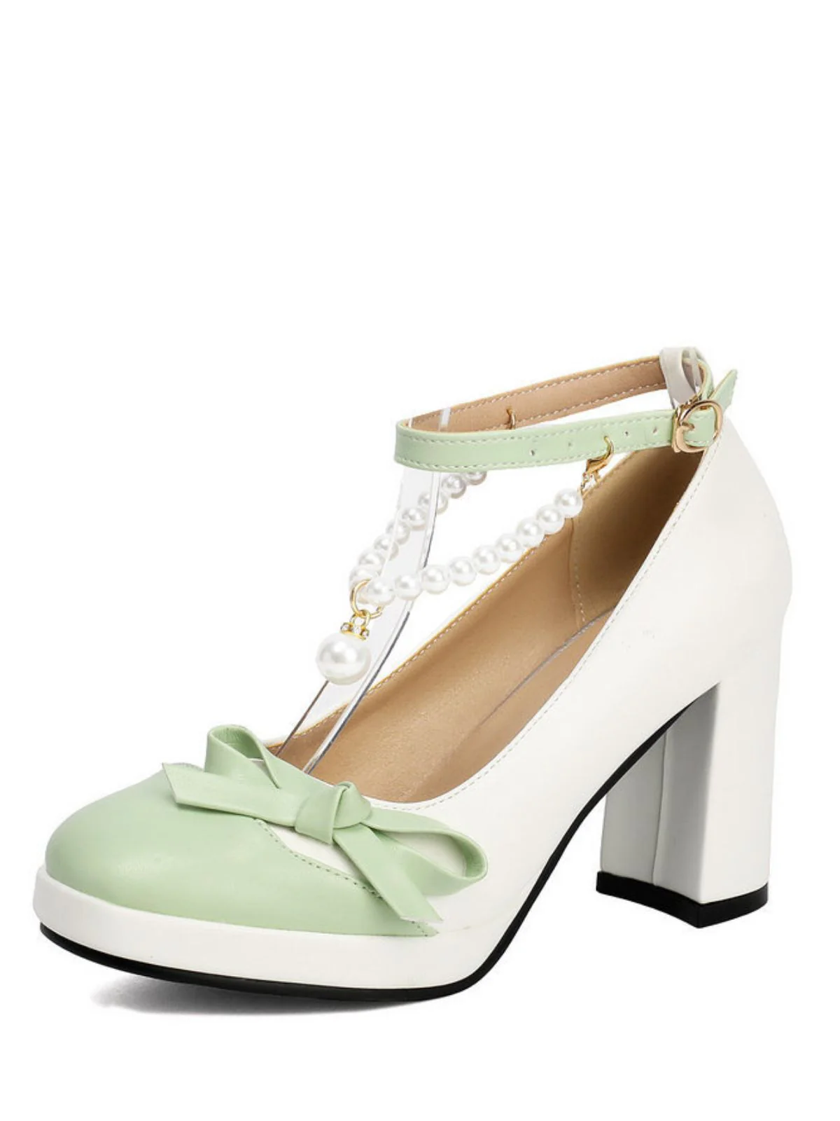 Colorblock Pearls Ankle Strap Bow Chunky-Heel Shoes - Image 11