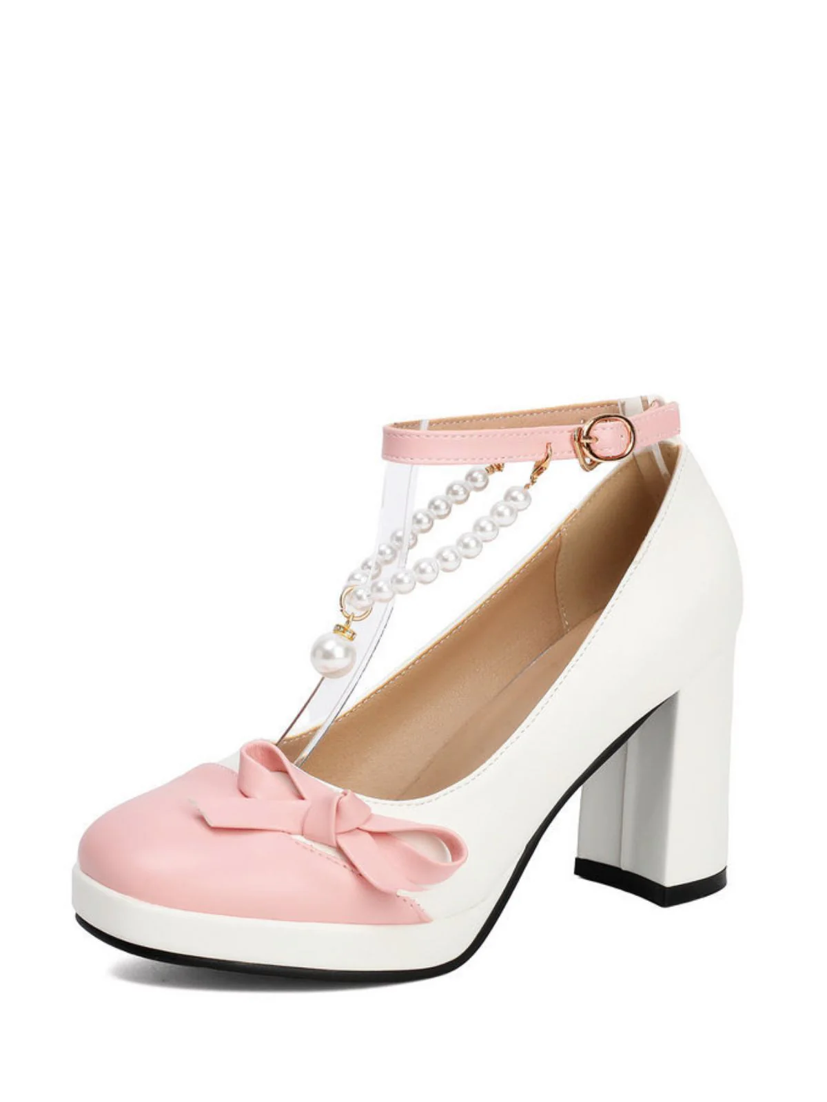 Colorblock Pearls Ankle Strap Bow Chunky-Heel Shoes - Image 4