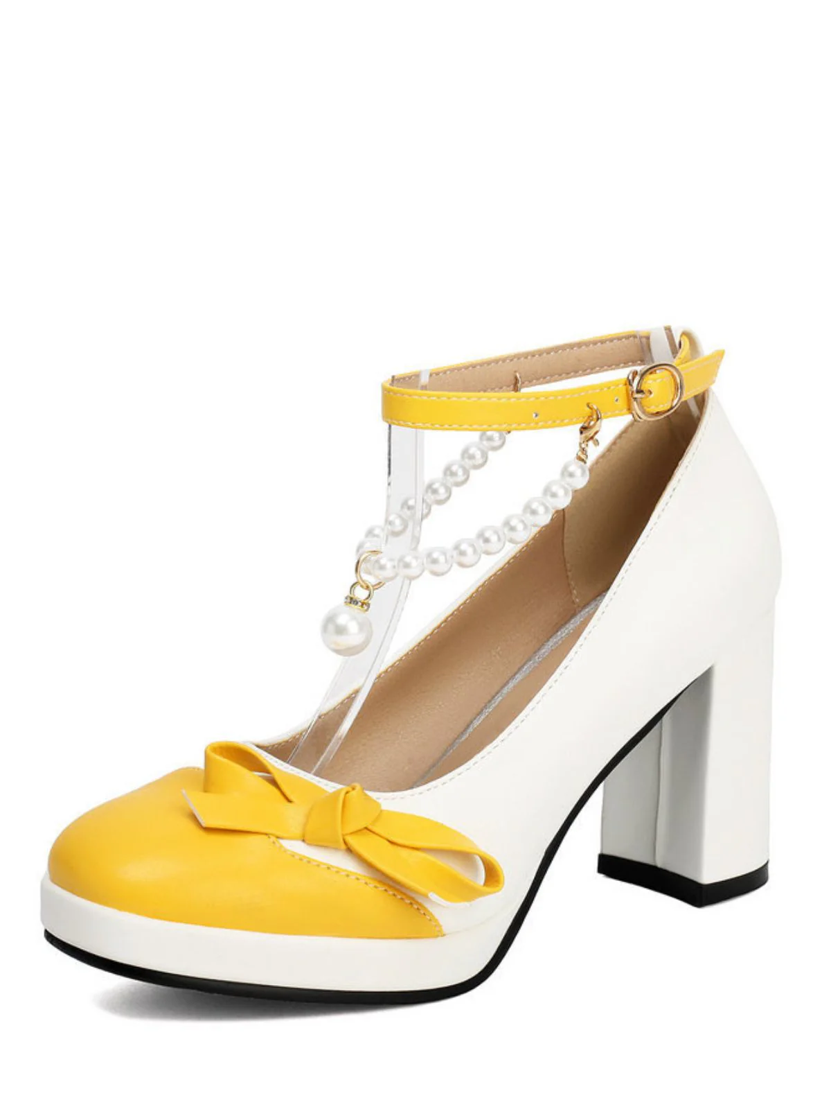 Colorblock Pearls Ankle Strap Bow Chunky-Heel Shoes - Image 8