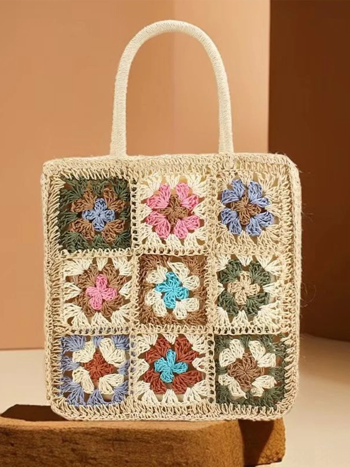 Cream Color Bohemian Patchwork Woven Crochet Bag - Image 2