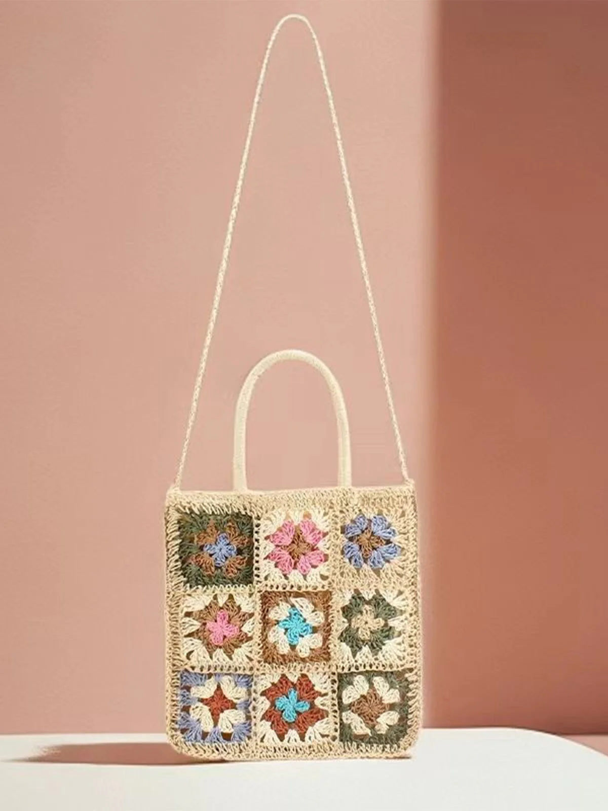 Cream Color Bohemian Patchwork Woven Crochet Bag - Image 3