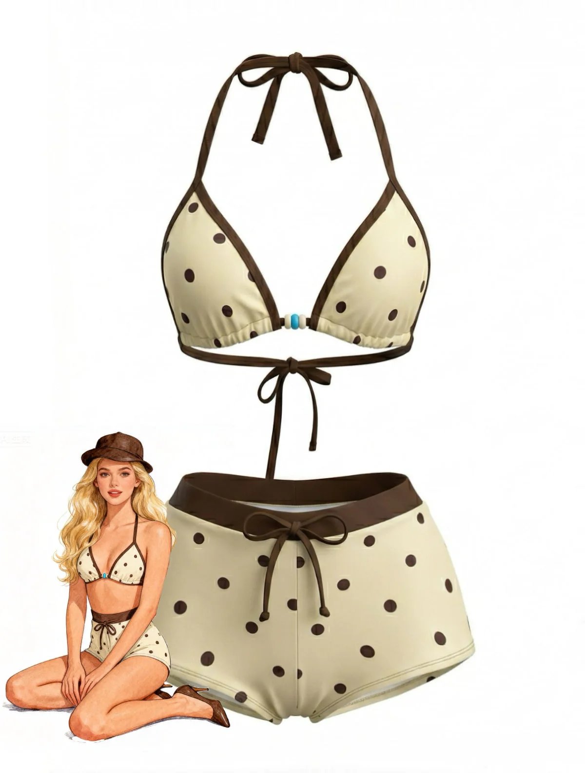 Cream Yellow 1980s Polka Dot Halter Bikini Set