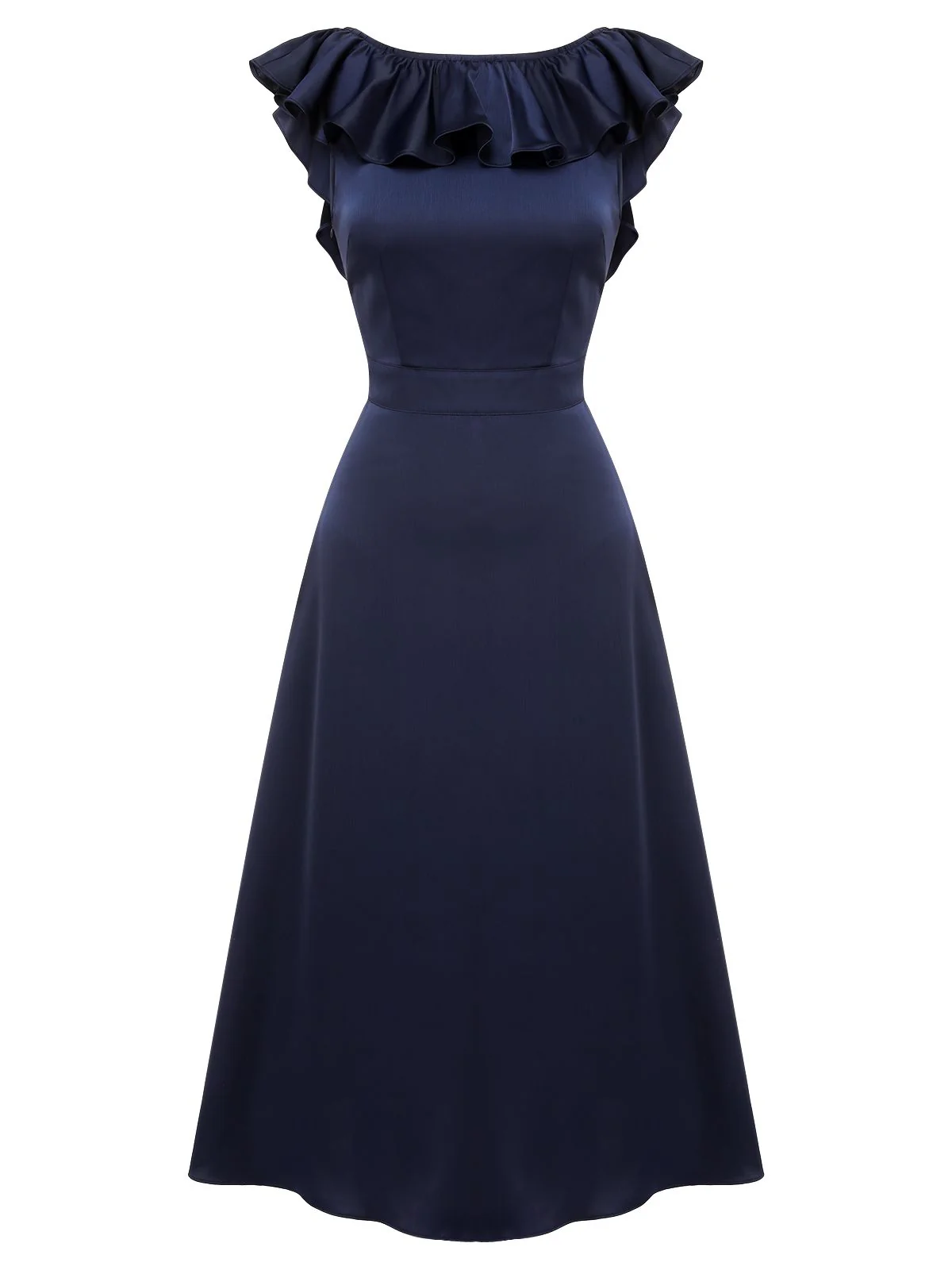 Dark Blue 1930s Flounce Sleeve Cowl Neck Trumpet Dress - Image 2
