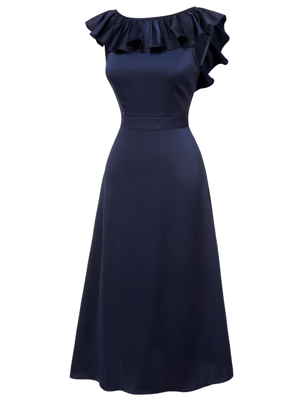 Dark Blue 1930s Flounce Sleeve Cowl Neck Trumpet Dress - Image 3