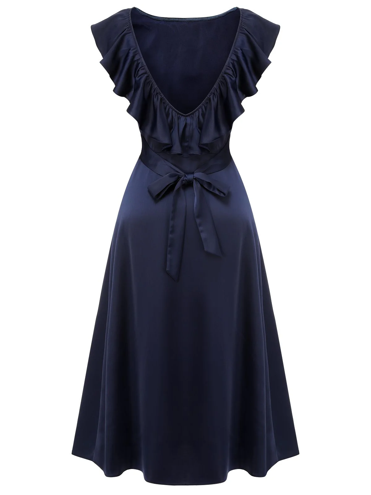 Dark Blue 1930s Flounce Sleeve Cowl Neck Trumpet Dress - Image 4