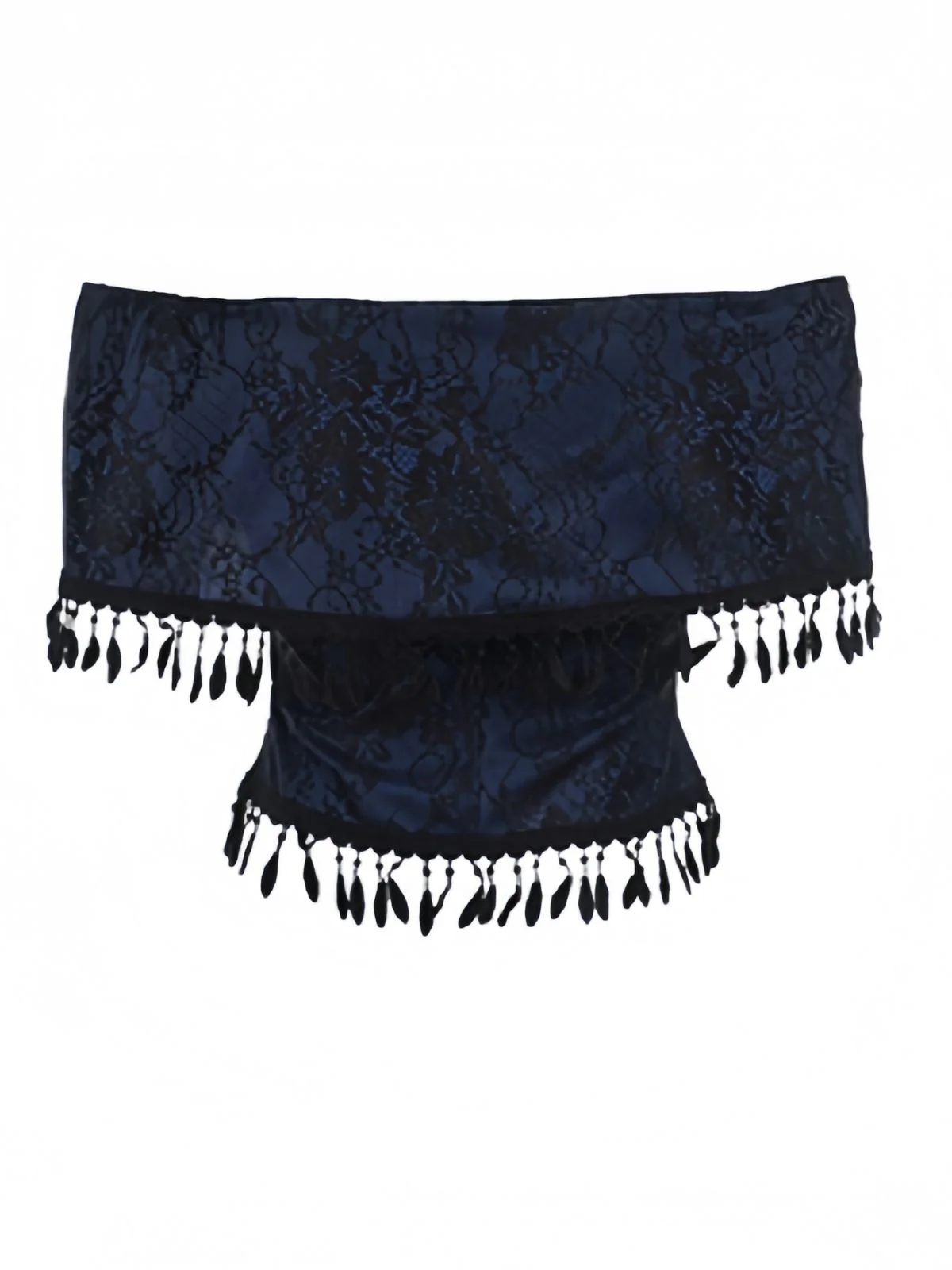 Dark Blue 1930s Halloween Off-Shoulder Lace Tassel Top - Image 2