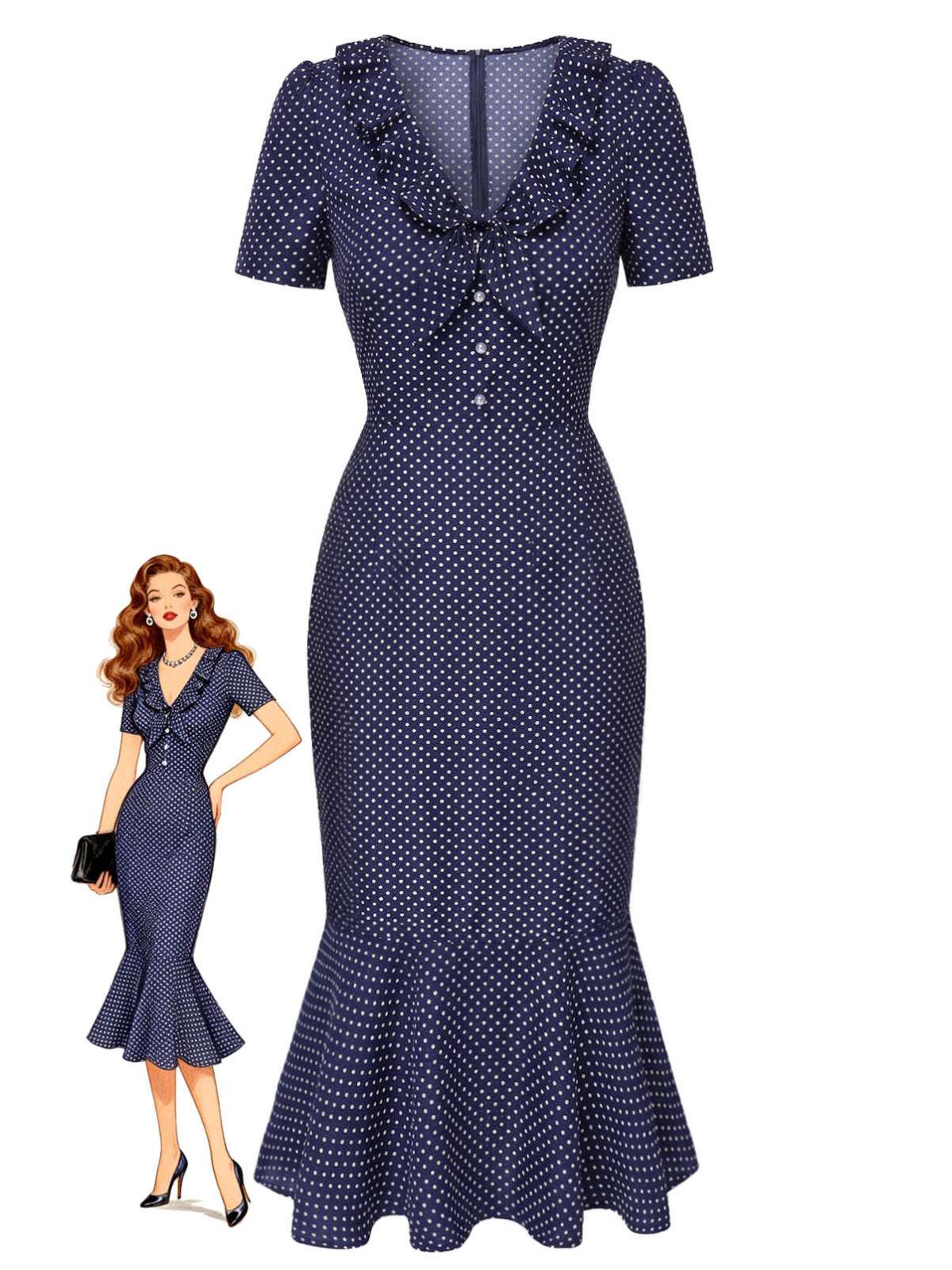 Dark Blue 1930s Polka Dot Ruffled Collar Fishtail Dress