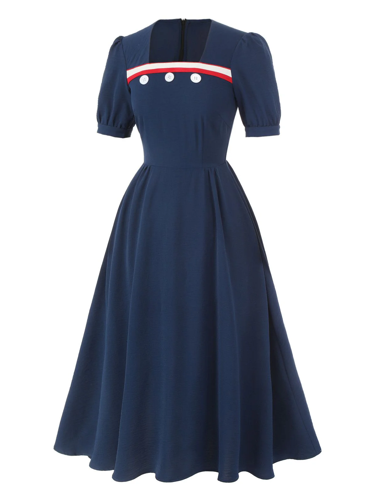 Dark Blue 1930s Square Neck Button Puff Dress - Image 3