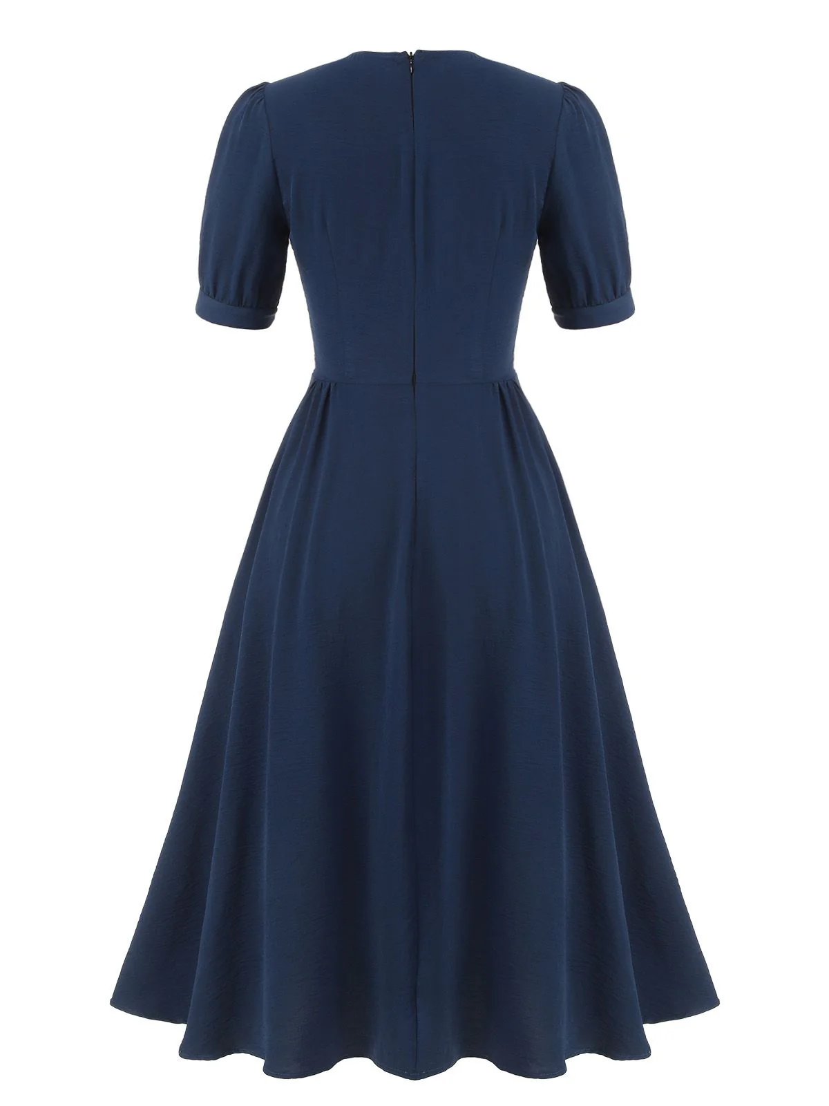 Dark Blue 1930s Square Neck Button Puff Dress - Image 4