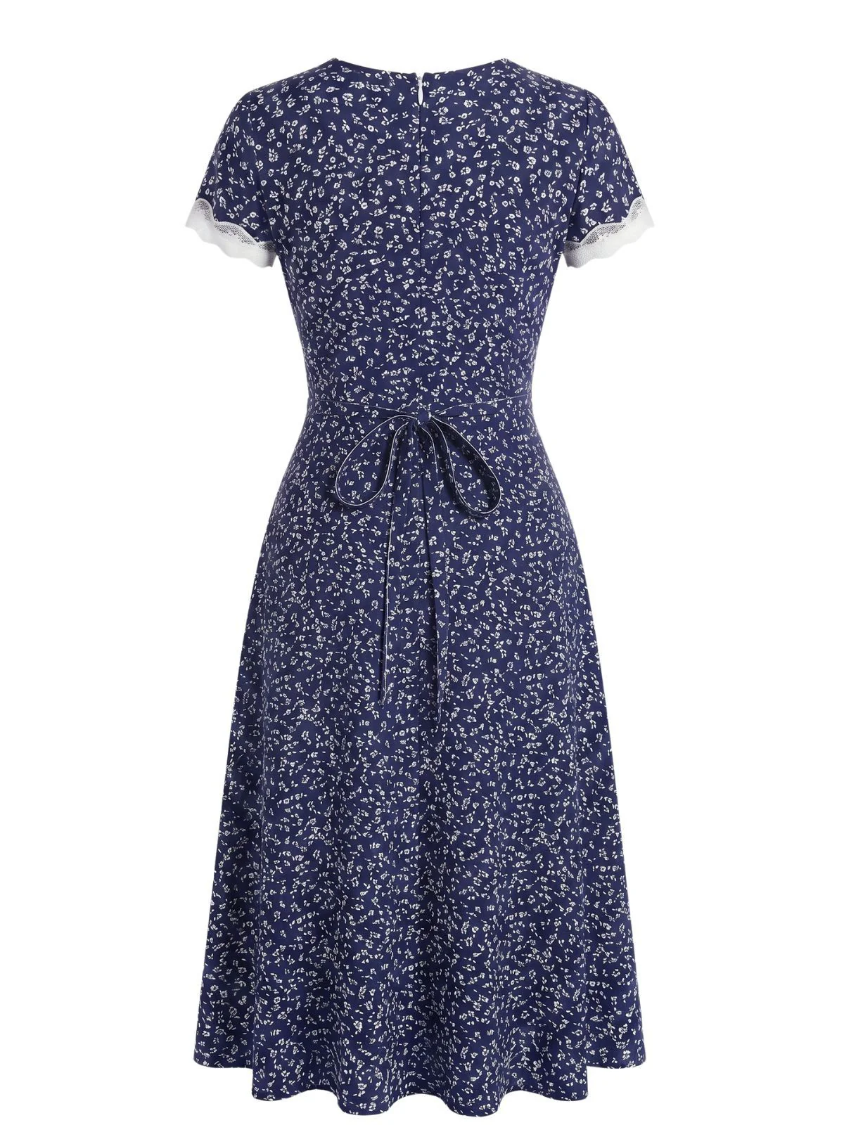 Dark Blue 1940s Floral Lace V-Neck Patchwork Dress - Image 2