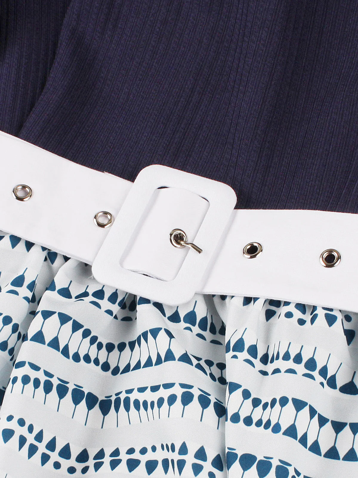 Dark Blue 1950s Geometric Print Belted Swing Dress - Image 4