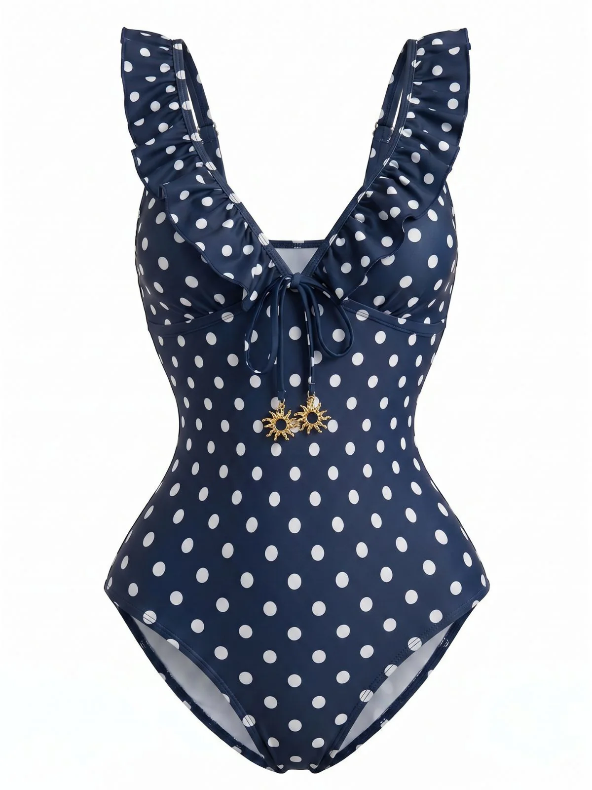 Dark Blue 1950s Polka Dot Ruffled V-Neck One-Piece Swimsuit - Image 2