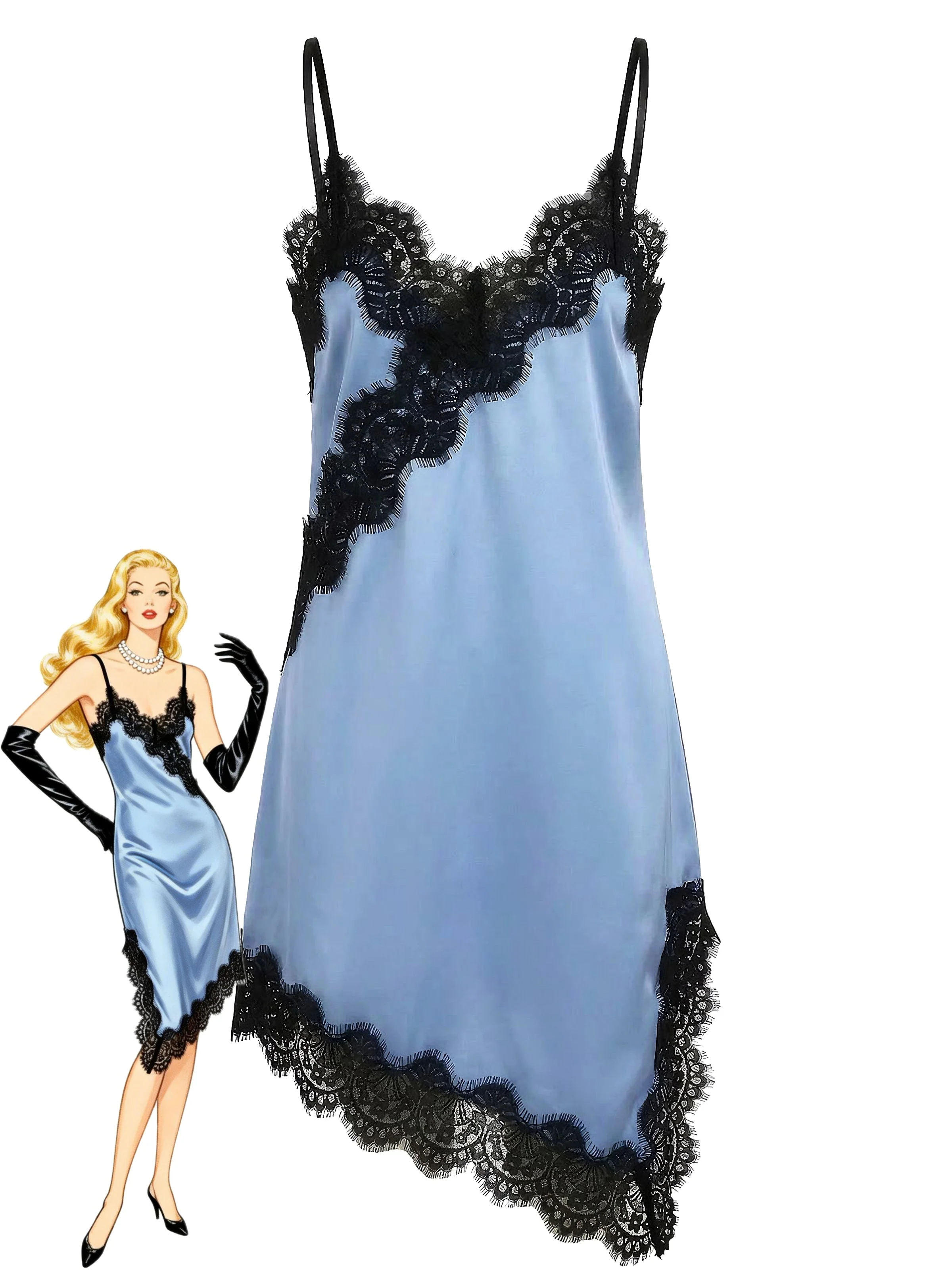 Dark Blue 1960s Satin Lace Spaghetti Strap Nightgown