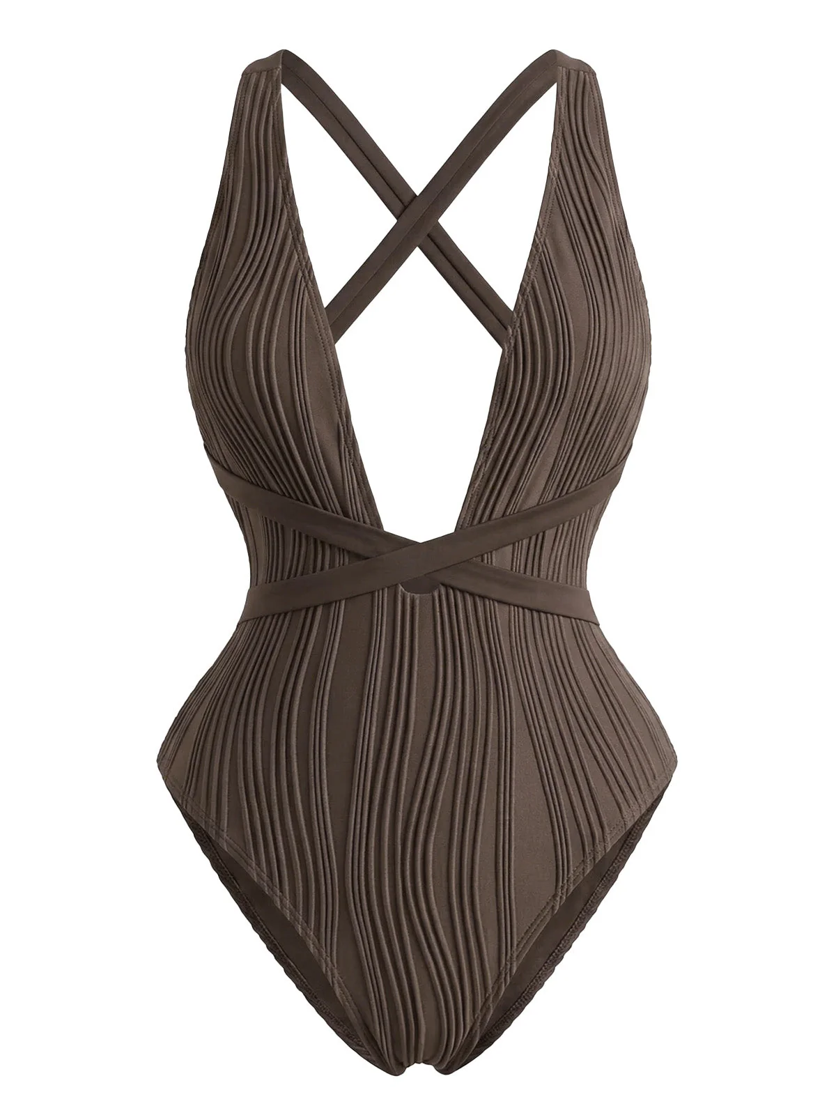 Dark Brown 1950s Crisscross Backless One-Piece Swimsuit