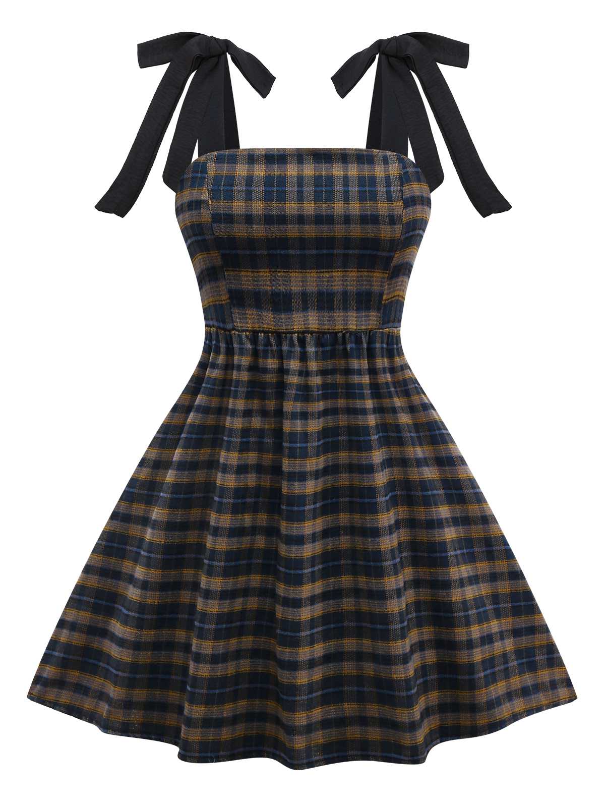 Dark Coffee 1950s Bow Strap Plaid Dress