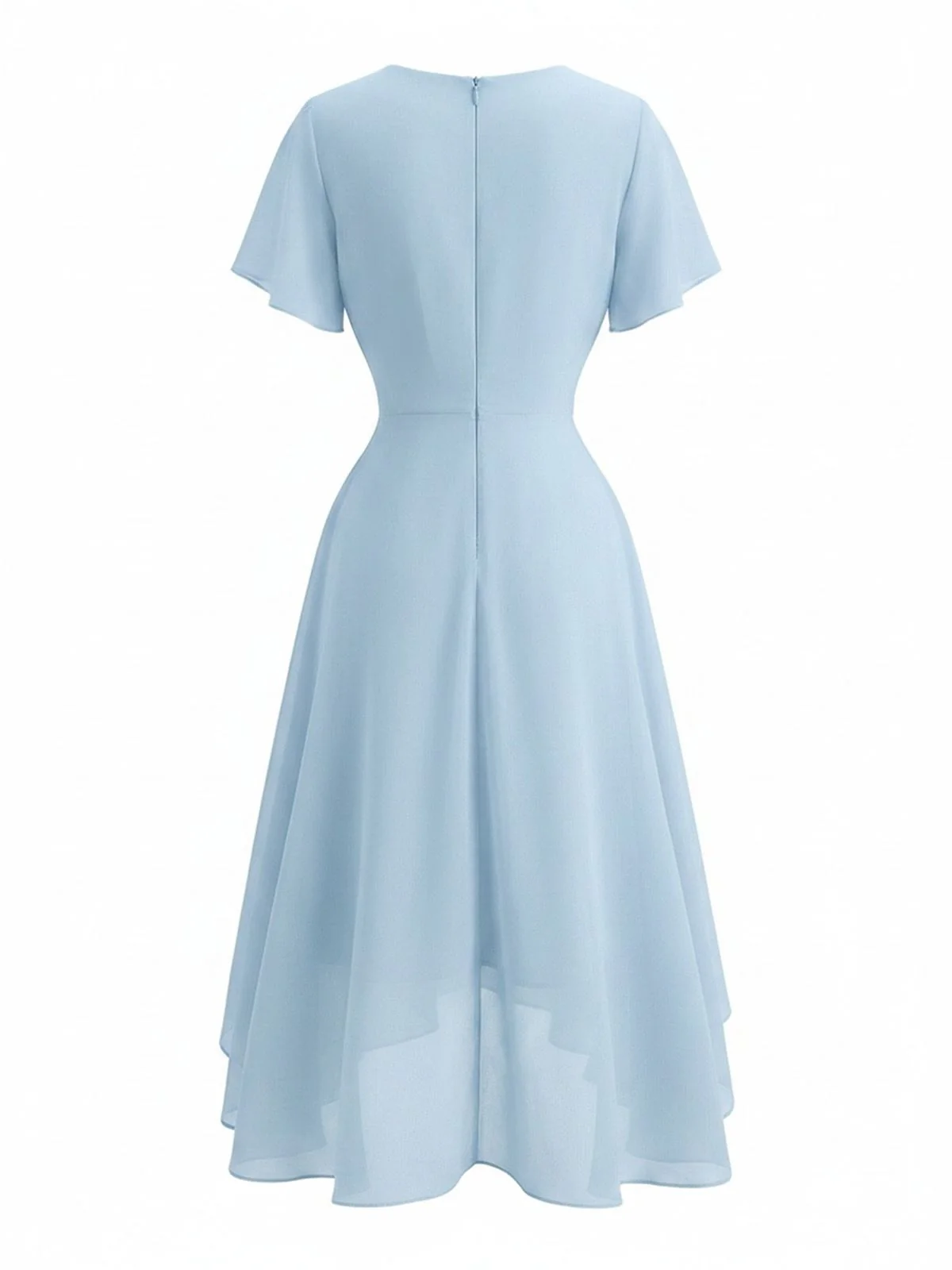 Dark Green 1950s Solid V-Neck Ruffle Sleeve Chiffon Asymmetrical Dress - Image 11