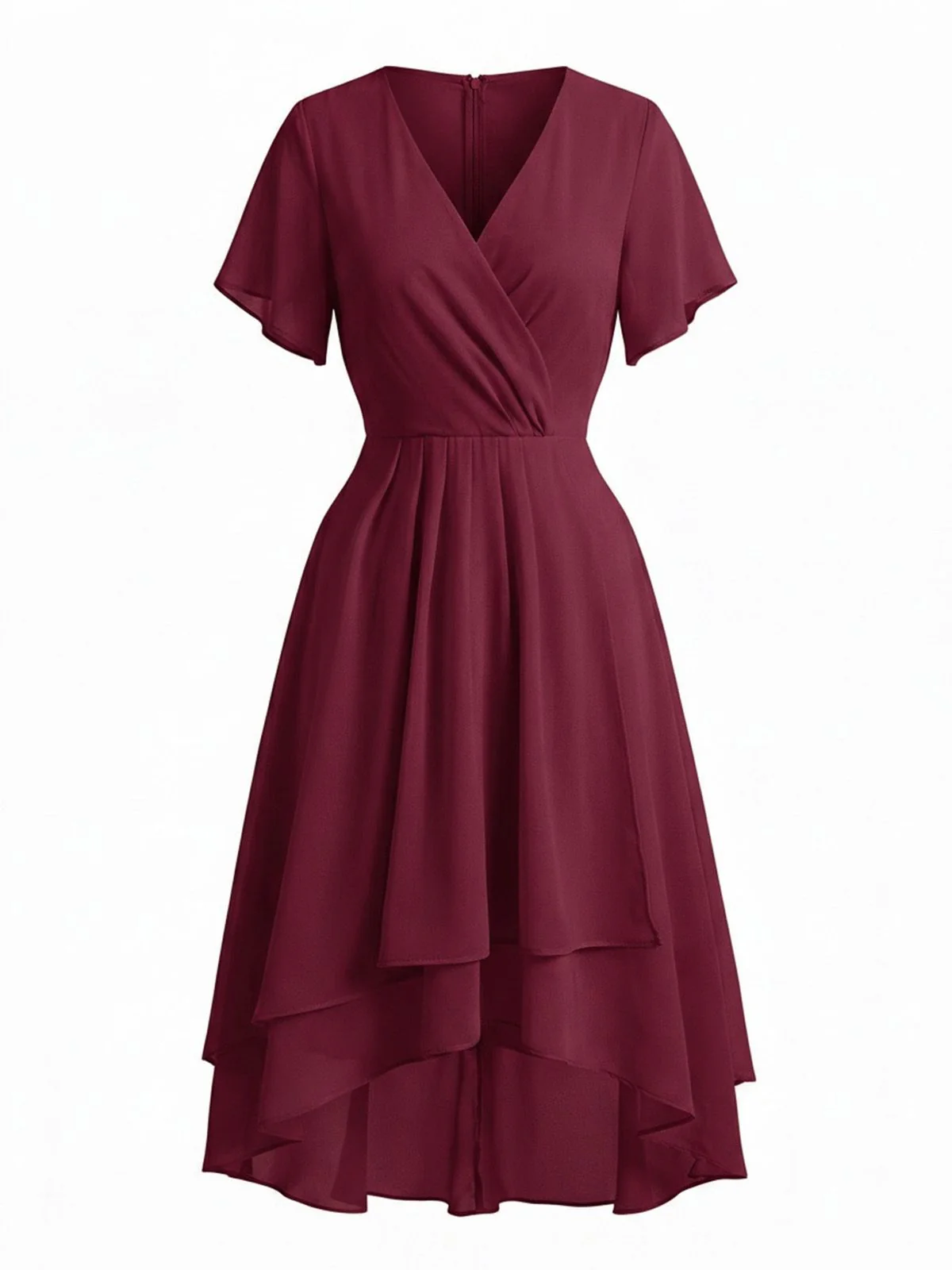 Dark Green 1950s Solid V-Neck Ruffle Sleeve Chiffon Asymmetrical Dress - Image 12