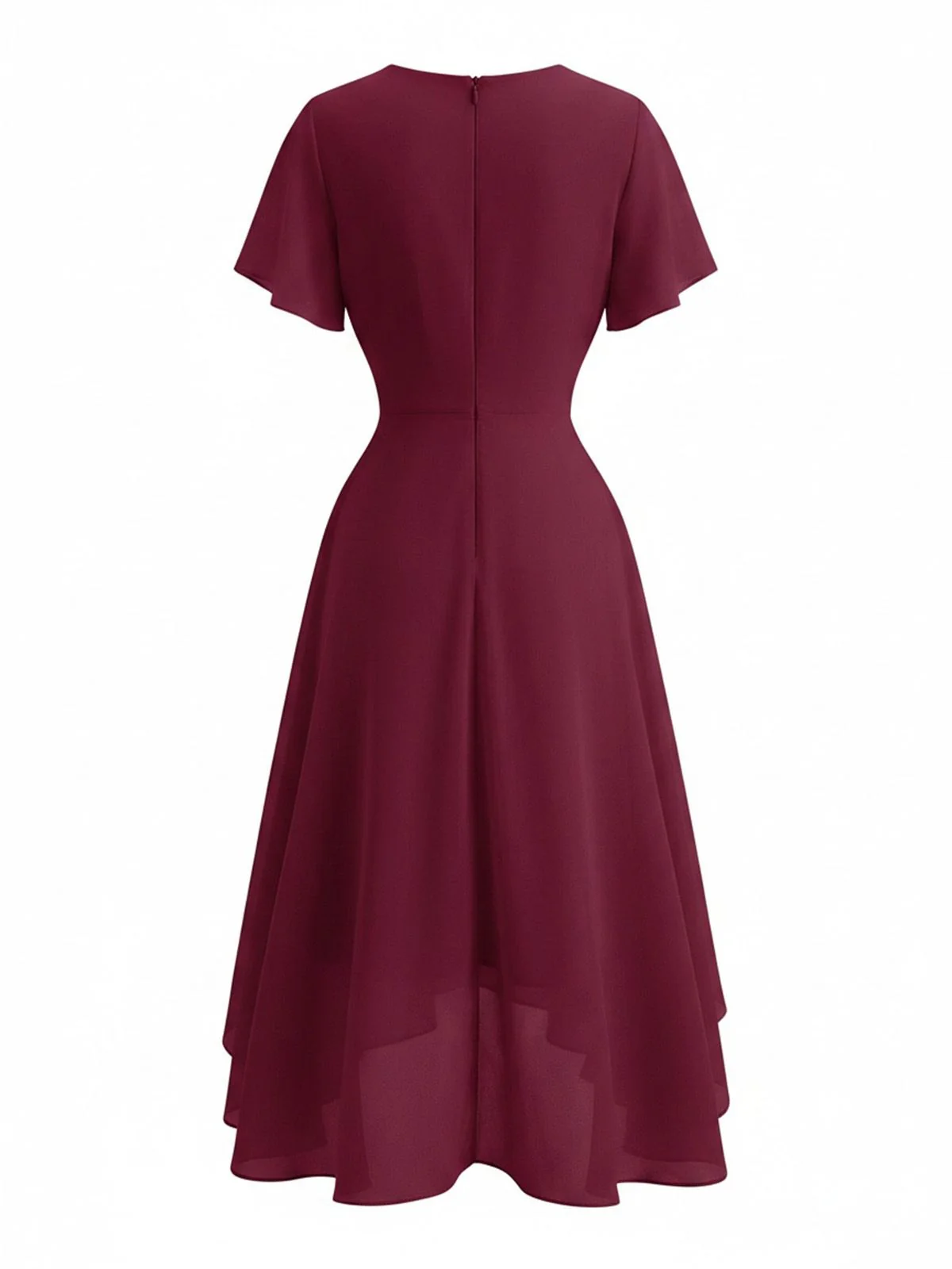 Dark Green 1950s Solid V-Neck Ruffle Sleeve Chiffon Asymmetrical Dress - Image 13