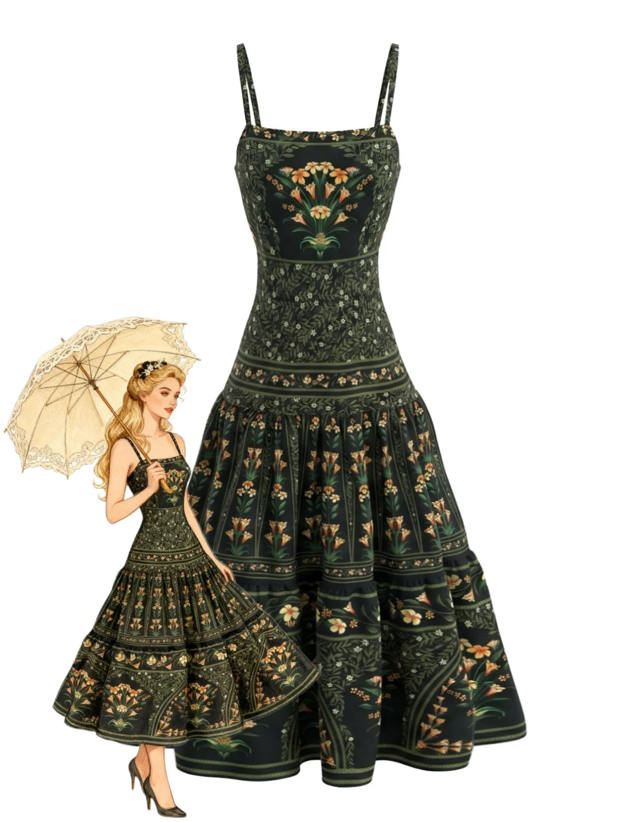 Dark Green 1970s Floral Spaghetti Strap Tiered Maxi Dress