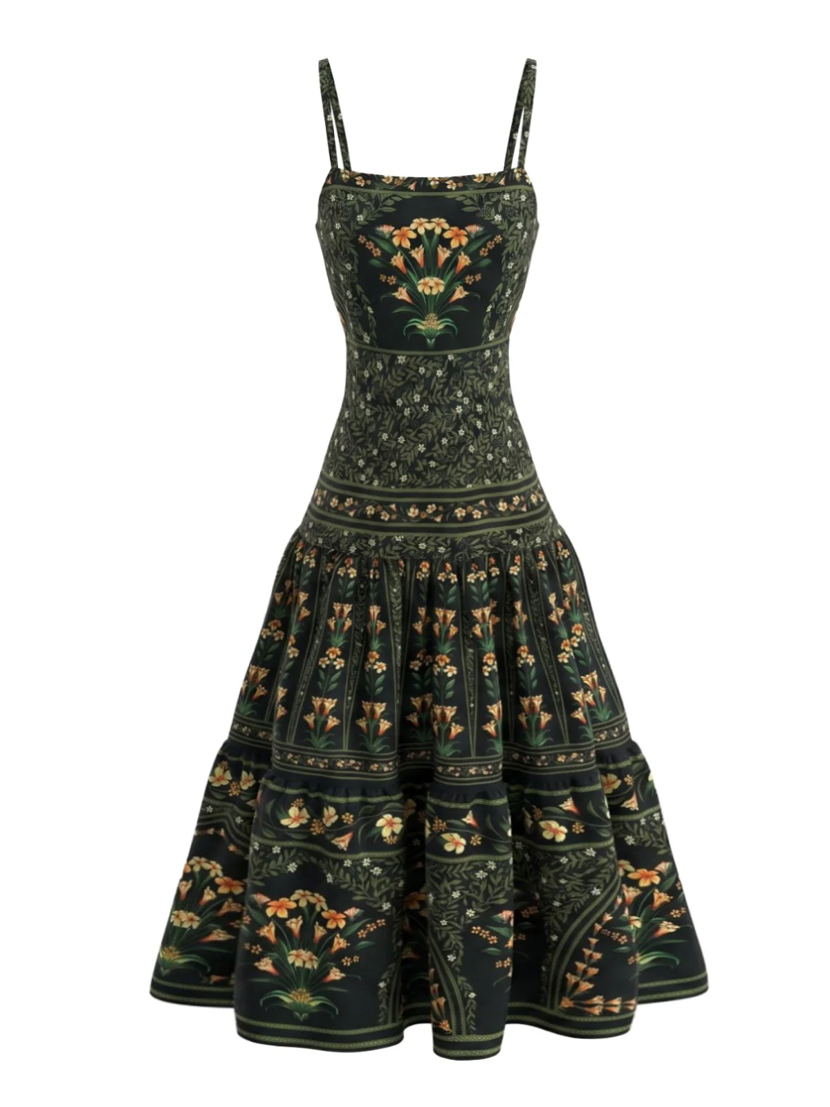 Dark Green 1970s Floral Spaghetti Strap Tiered Maxi Dress - Image 2
