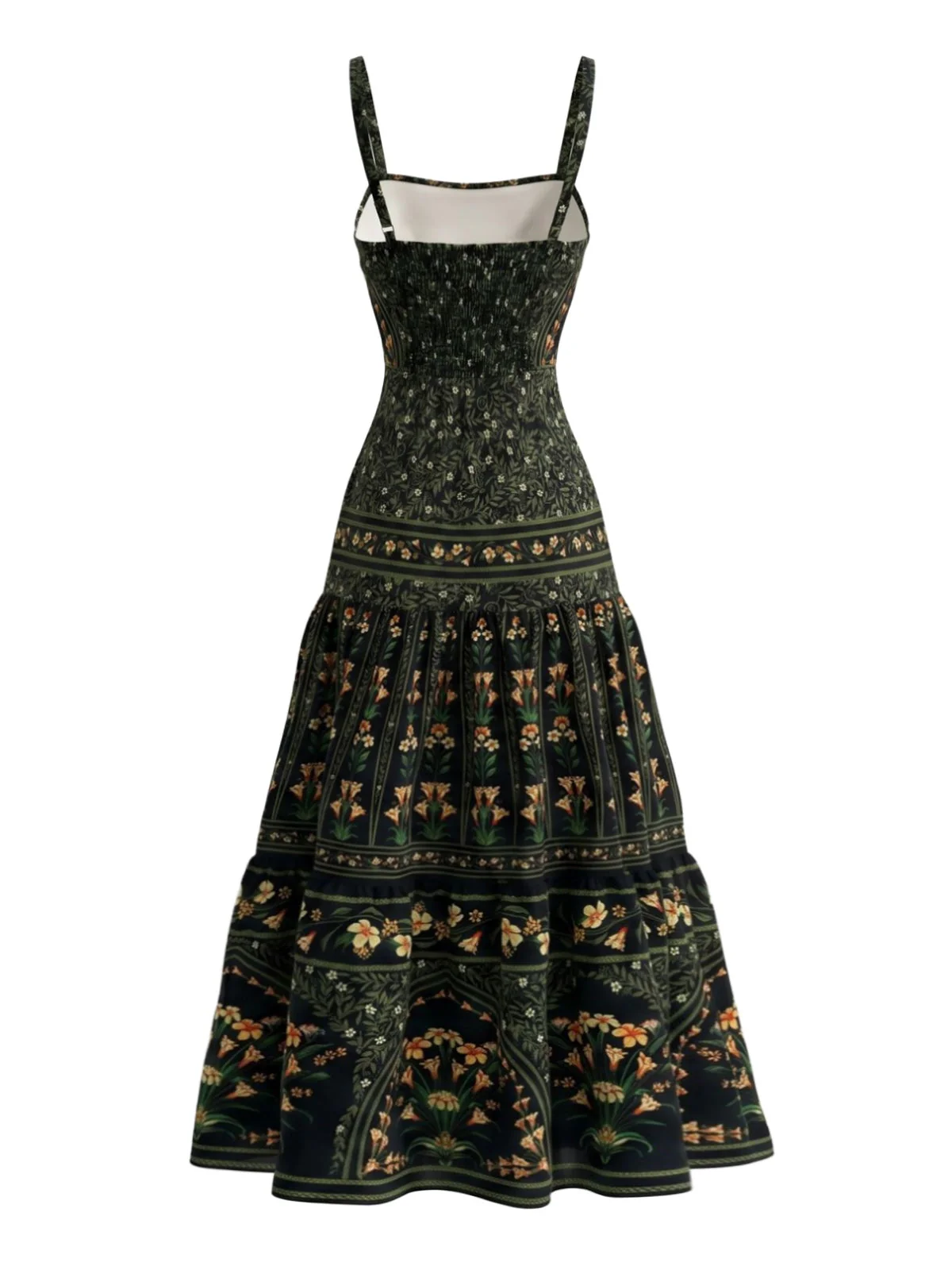 Dark Green 1970s Floral Spaghetti Strap Tiered Maxi Dress - Image 3