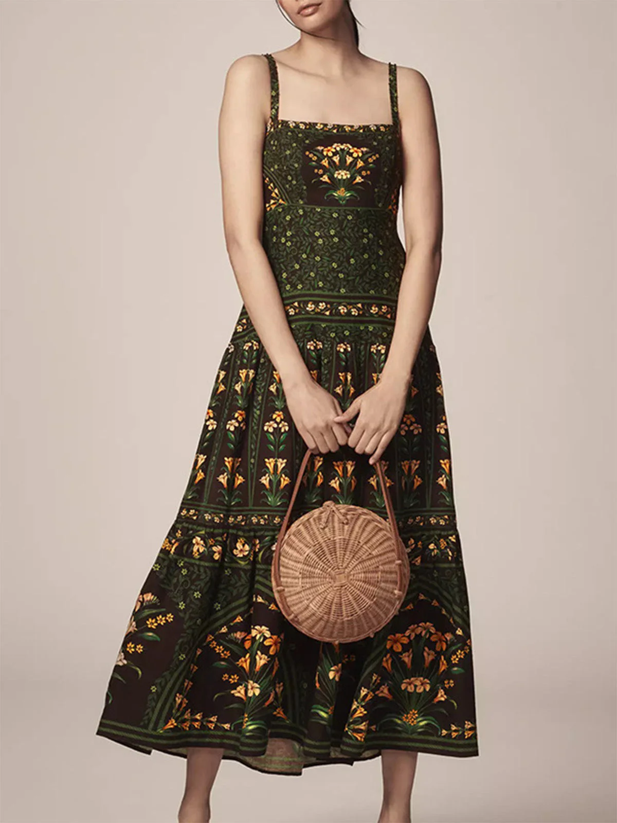 Dark Green 1970s Floral Spaghetti Strap Tiered Maxi Dress - Image 4