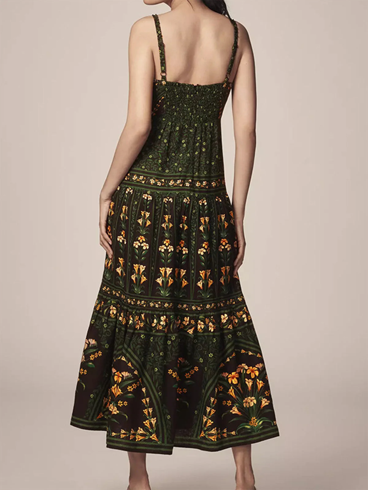Dark Green 1970s Floral Spaghetti Strap Tiered Maxi Dress - Image 5