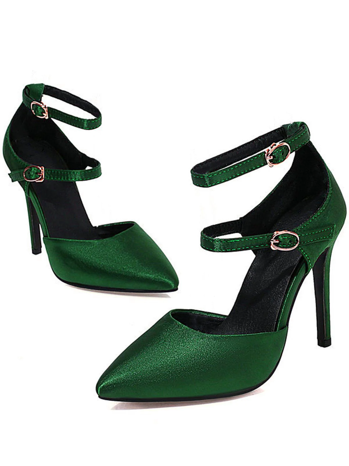 Dark Green Satin Double Buckle Belts High Heel Shoes - Image 2