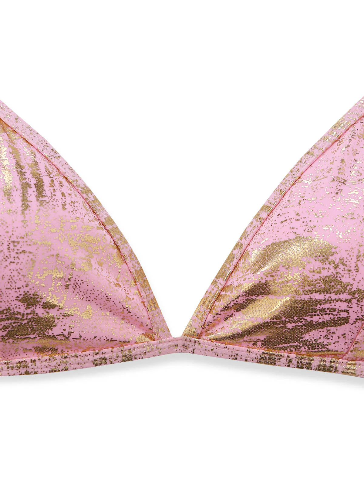 Pink 1980s Metallic Ring Triangle Halter Bikini Set - Image 3