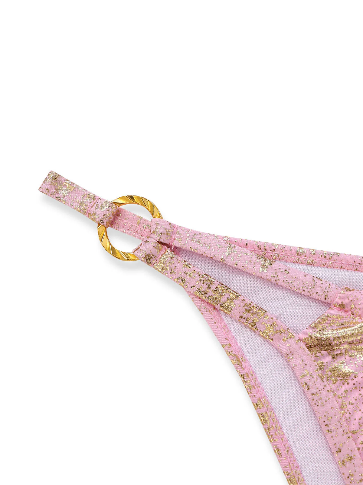 Pink 1980s Metallic Ring Triangle Halter Bikini Set - Image 6