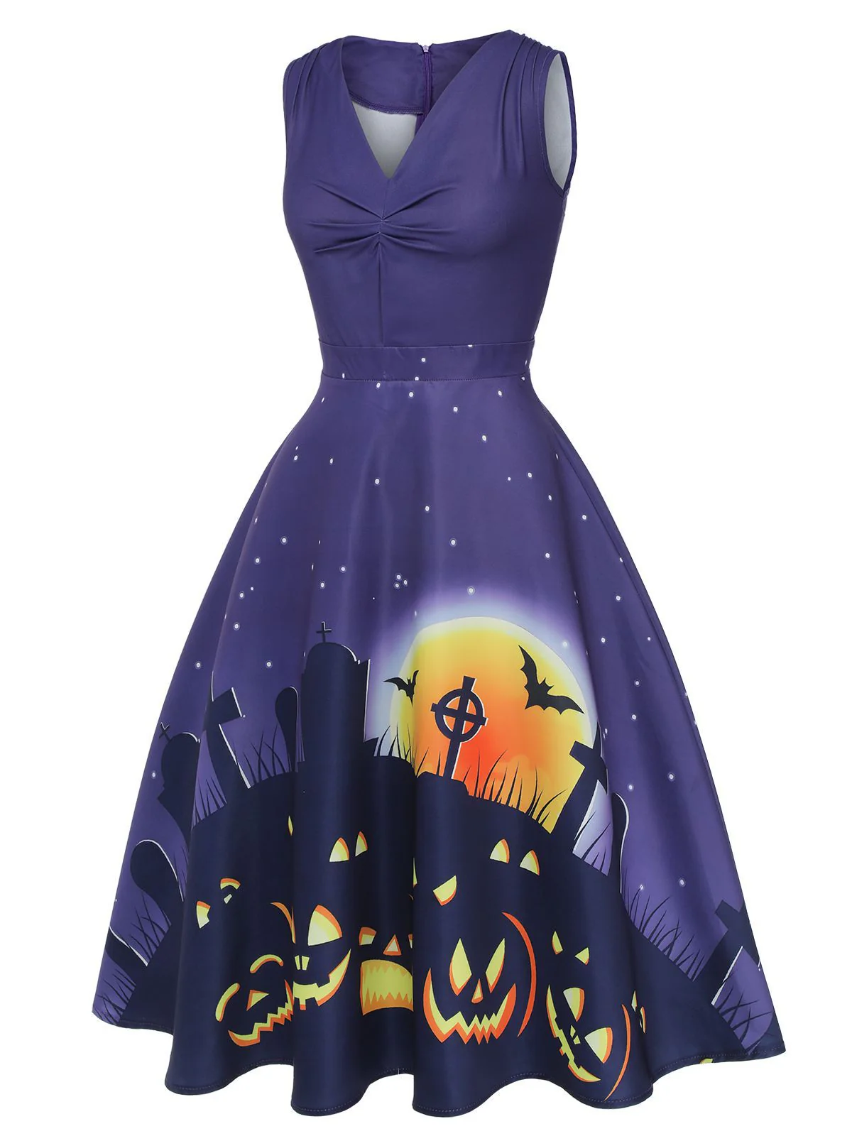 Deep Purple 1950s Halloween V-Neck Swing Dress - Image 3